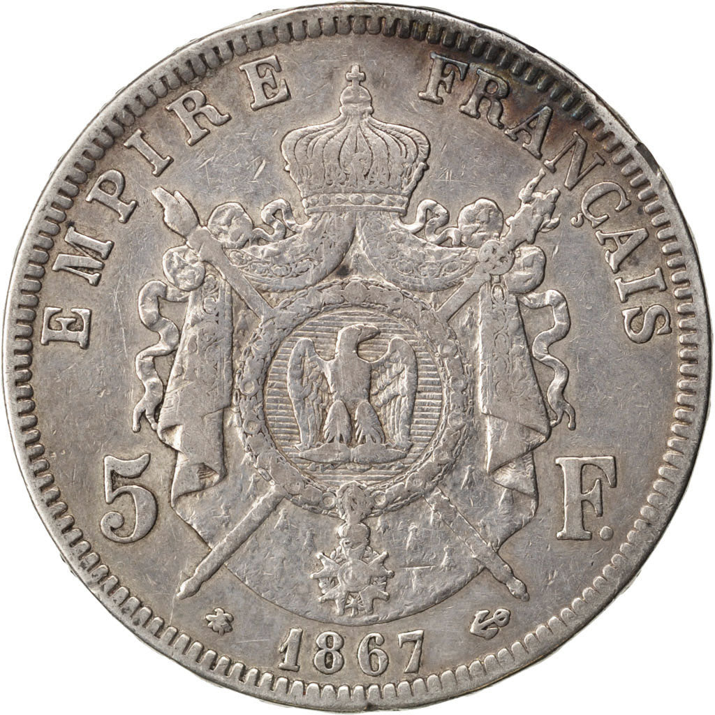 FRANCE, Napoléon III, 5 Francs, 1867, Paris, KM #799.1, VF(30-35), Silver, G...