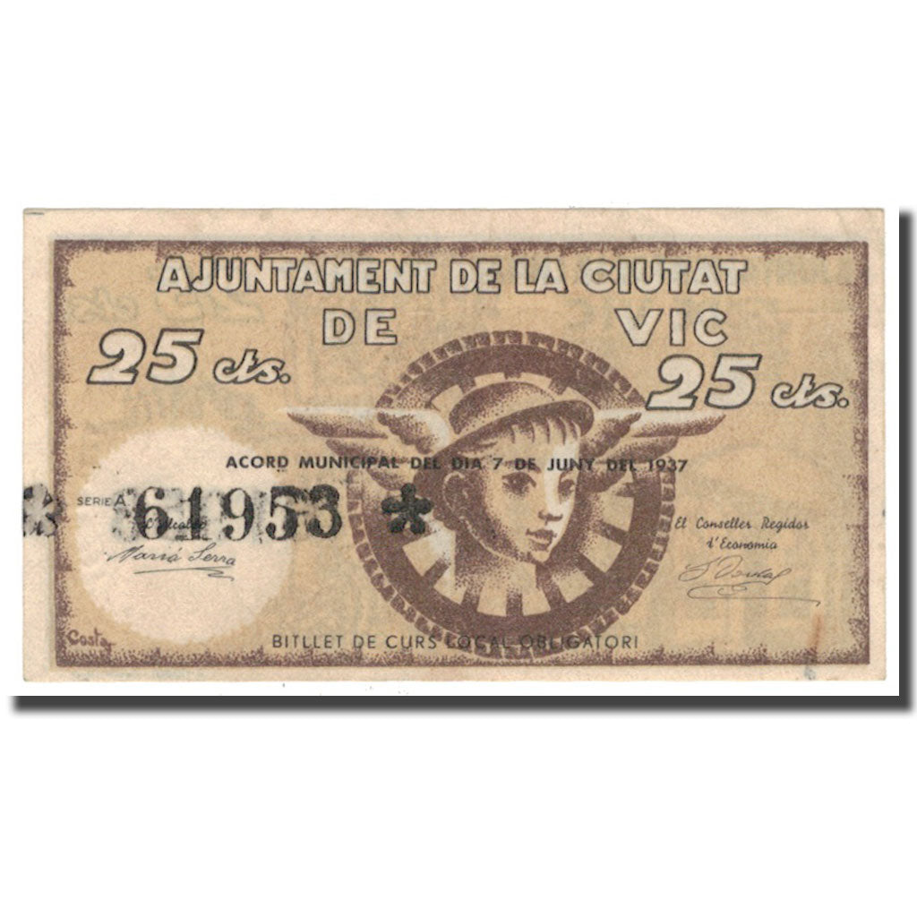 Billet, Espagne, 25 Centimes, personnage, 1937, 1937, TTB+