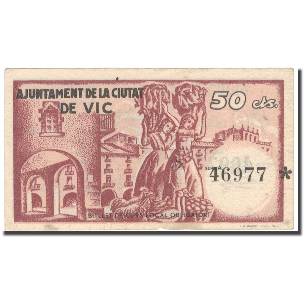 Banknote, Spain, CIUTAT DE VIC, 50 Centimos, personnage, 1937, 1937, EF(40-45)