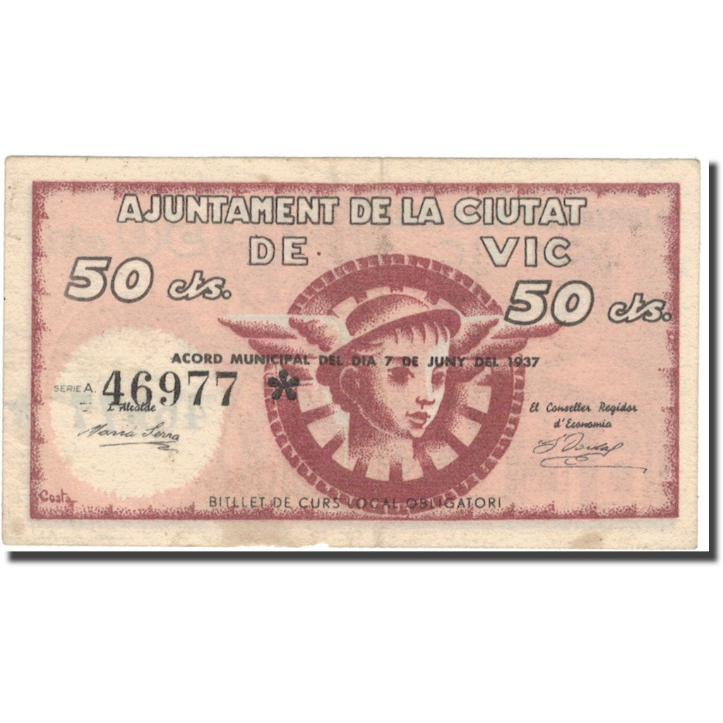 Banknote, Spain, CIUTAT DE VIC, 50 Centimos, personnage, 1937, 1937, EF(40-45)