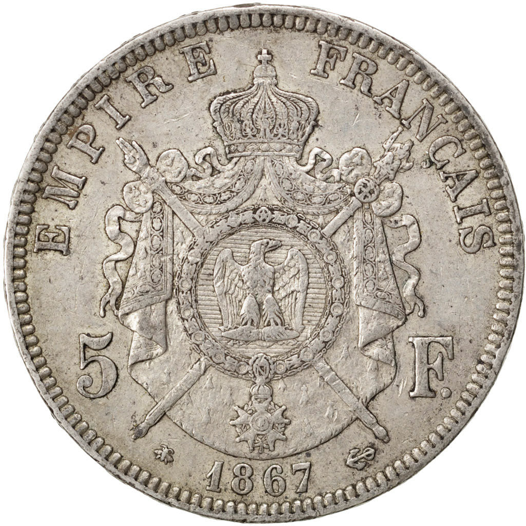 FRANCE, Napoléon III, 5 Francs, 1867, Paris, KM #799.1, EF(40-45), Silver, G...