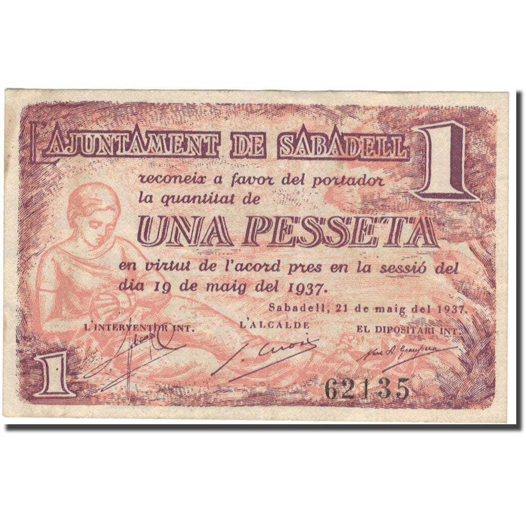 Banknote, Spain, SABADELL, 1 Peseta, Eglise, 1937, 1937, EF(40-45)
