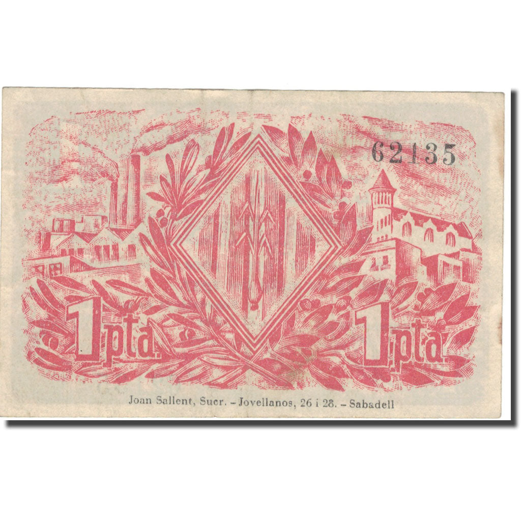 Banknote, Spain, SABADELL, 1 Peseta, Eglise, 1937, 1937, EF(40-45)