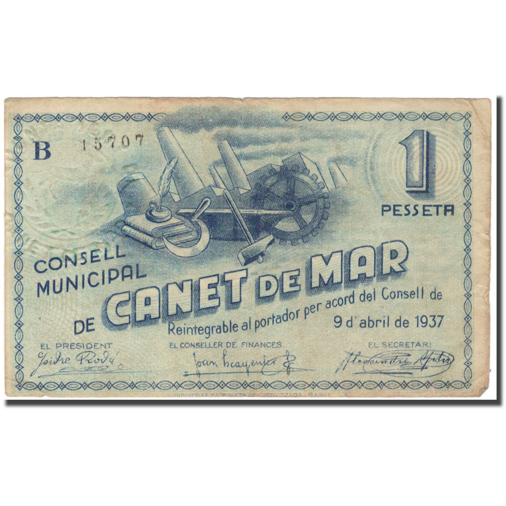 Banknote, Spain, CANET DE MAR 1 Peseta, métier, 1937, 1937, EF(40-45)
