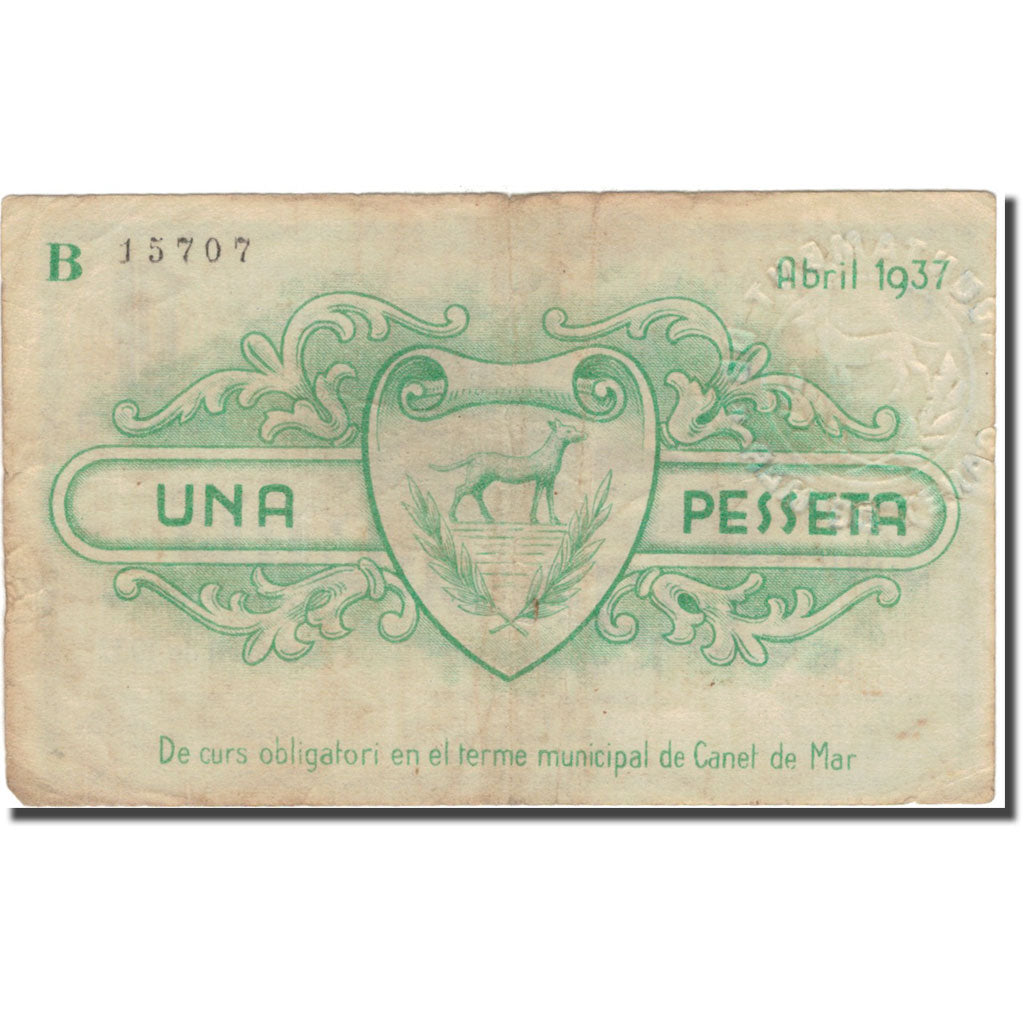 Banknote, Spain, CANET DE MAR 1 Peseta, métier, 1937, 1937, EF(40-45)