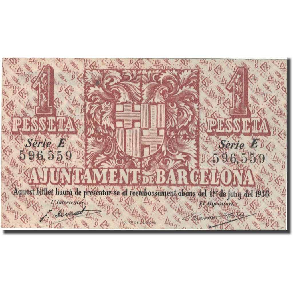 Billet, Espagne, 1 Peseta, Ajuntament, 1938, 1938, TTB+