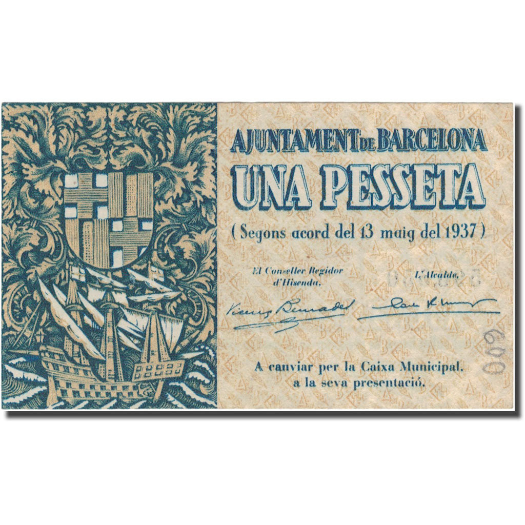 Billet, Espagne, 1 Peseta, Ajuntament, 1938, 1938, TTB+