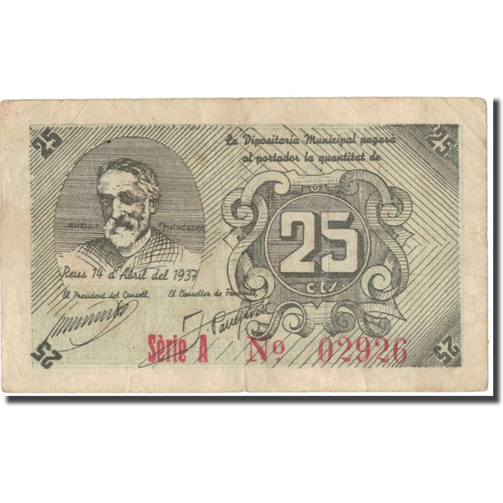 Geldschein, Spanien, 25 Centimos, personnage, 1937, 1937, SS