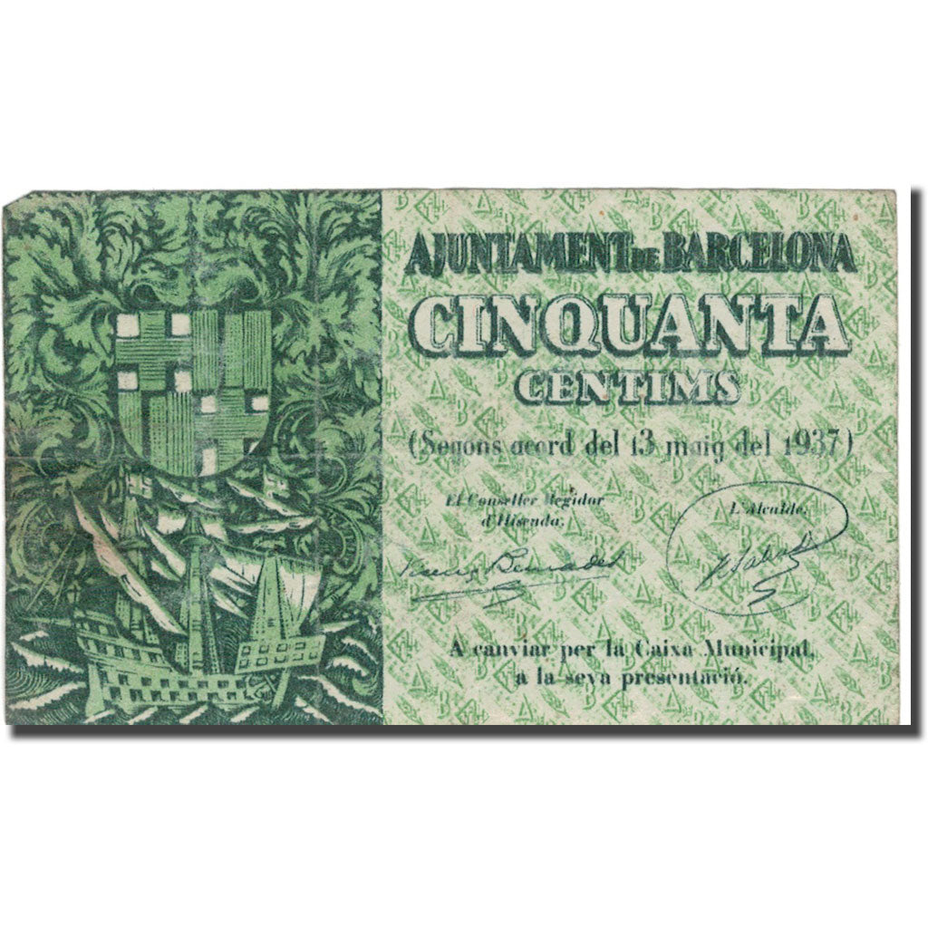 Banknote, Spain, BARCELONA, 50 Centimes, Ajuntament, 1937, 1937, EF(40-45)