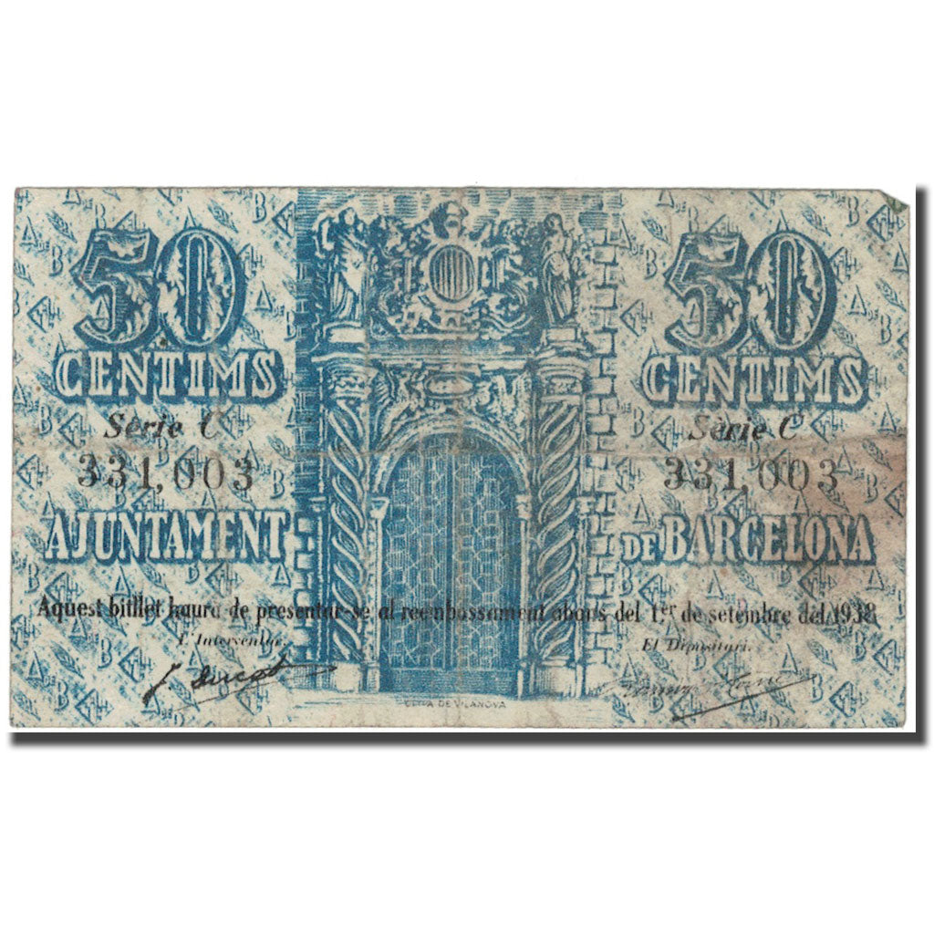 Banknote, Spain, BARCELONA, 50 Centimes, Ajuntament, 1937, 1937, EF(40-45)