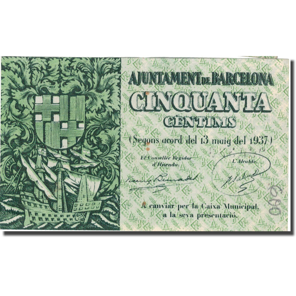 Banknote, Spain, BARCELONA, 50 Centimes, Ajuntament, 1937, 1937, AU(50-53)