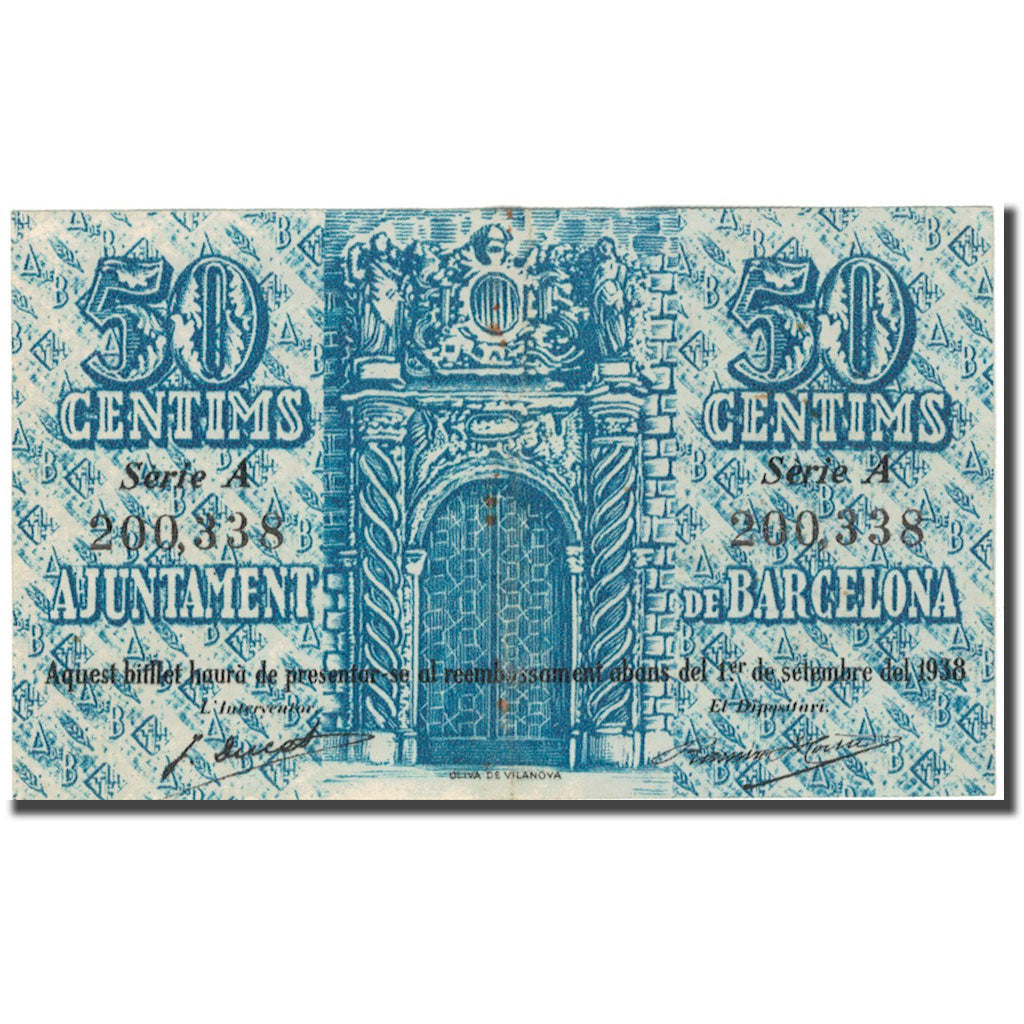 Banknote, Spain, BARCELONA, 50 Centimes, Ajuntament, 1937, 1937, AU(50-53)