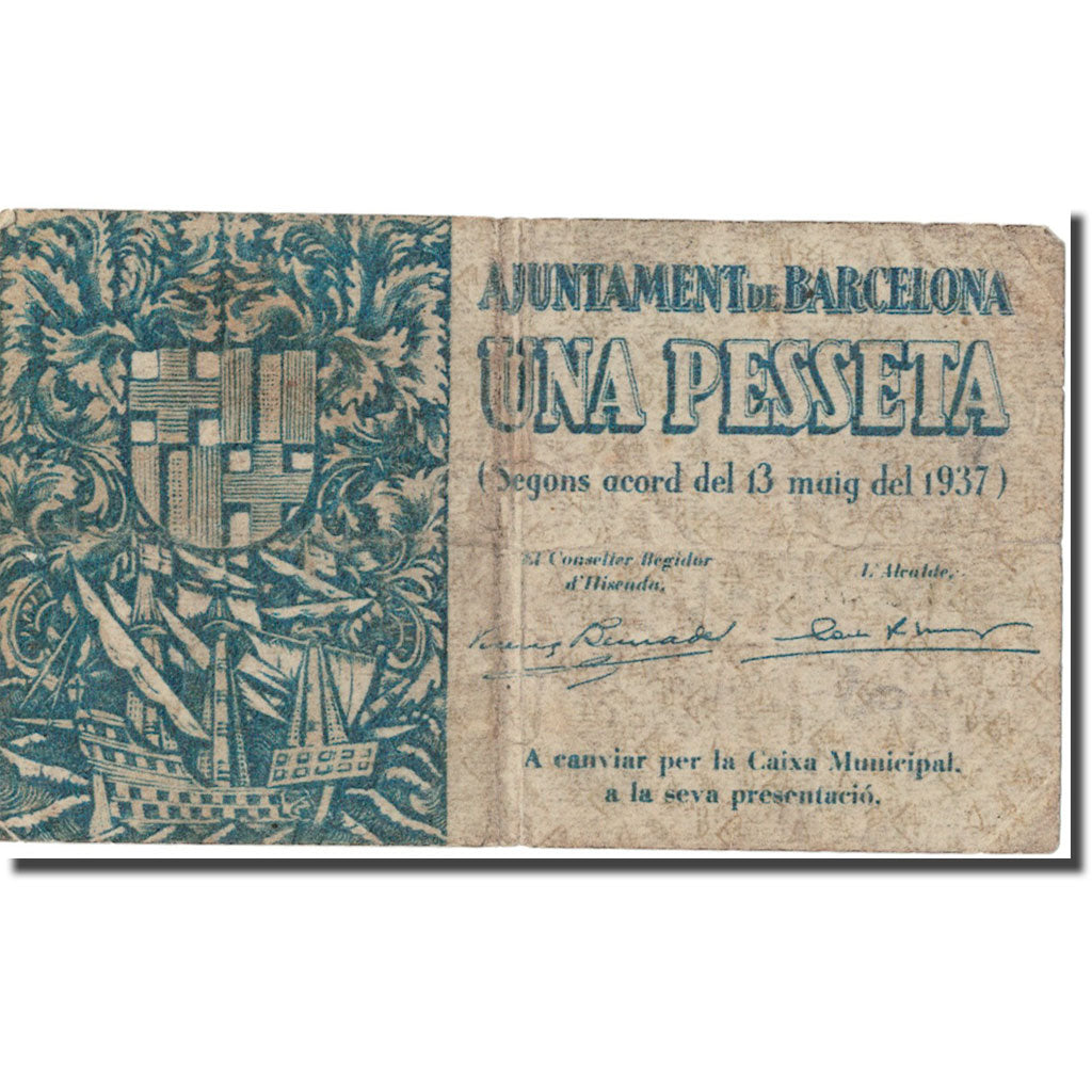 Banknote, Spain, BARCELONA, 1 Peseta, Blason, 1938, 1938, VF(30-35)