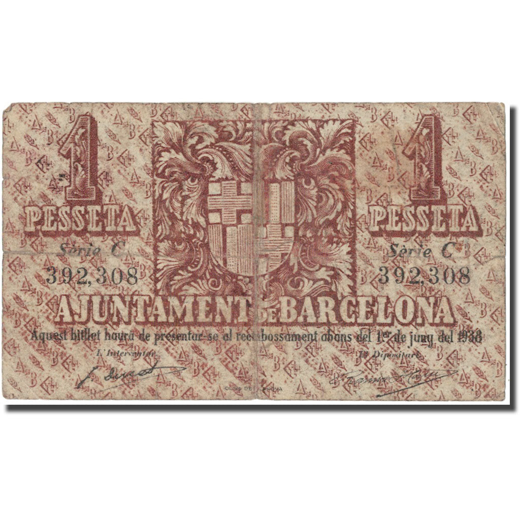 Banknote, Spain, BARCELONA, 1 Peseta, Blason, 1938, 1938, VF(30-35)