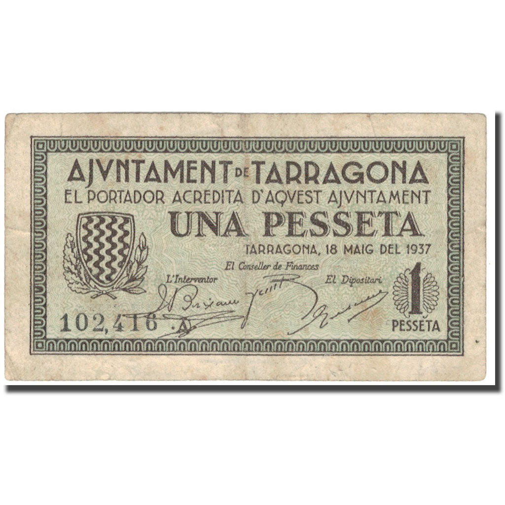 Banknote, Spain, TARRAGONA, 1 Peseta, Blason, 1937, 1937, EF(40-45)