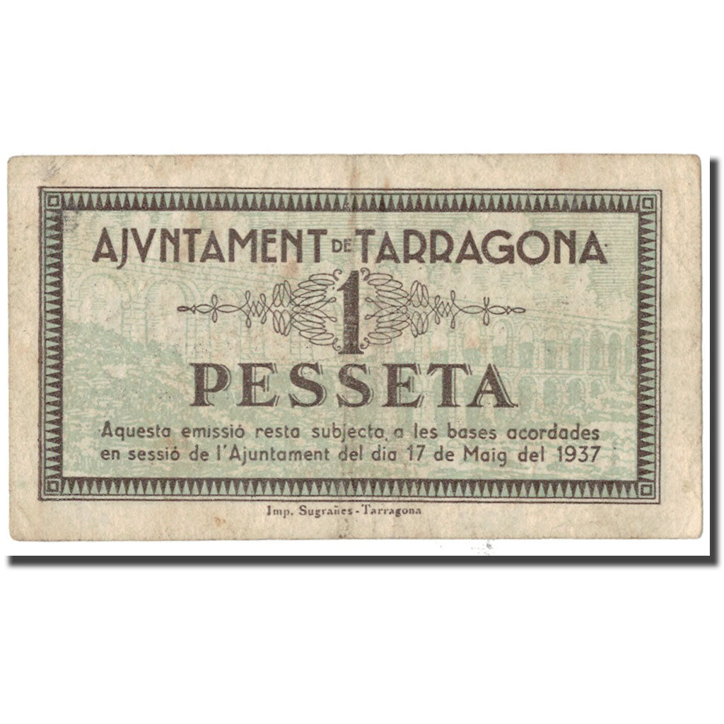 Banknote, Spain, TARRAGONA, 1 Peseta, Blason, 1937, 1937, EF(40-45)