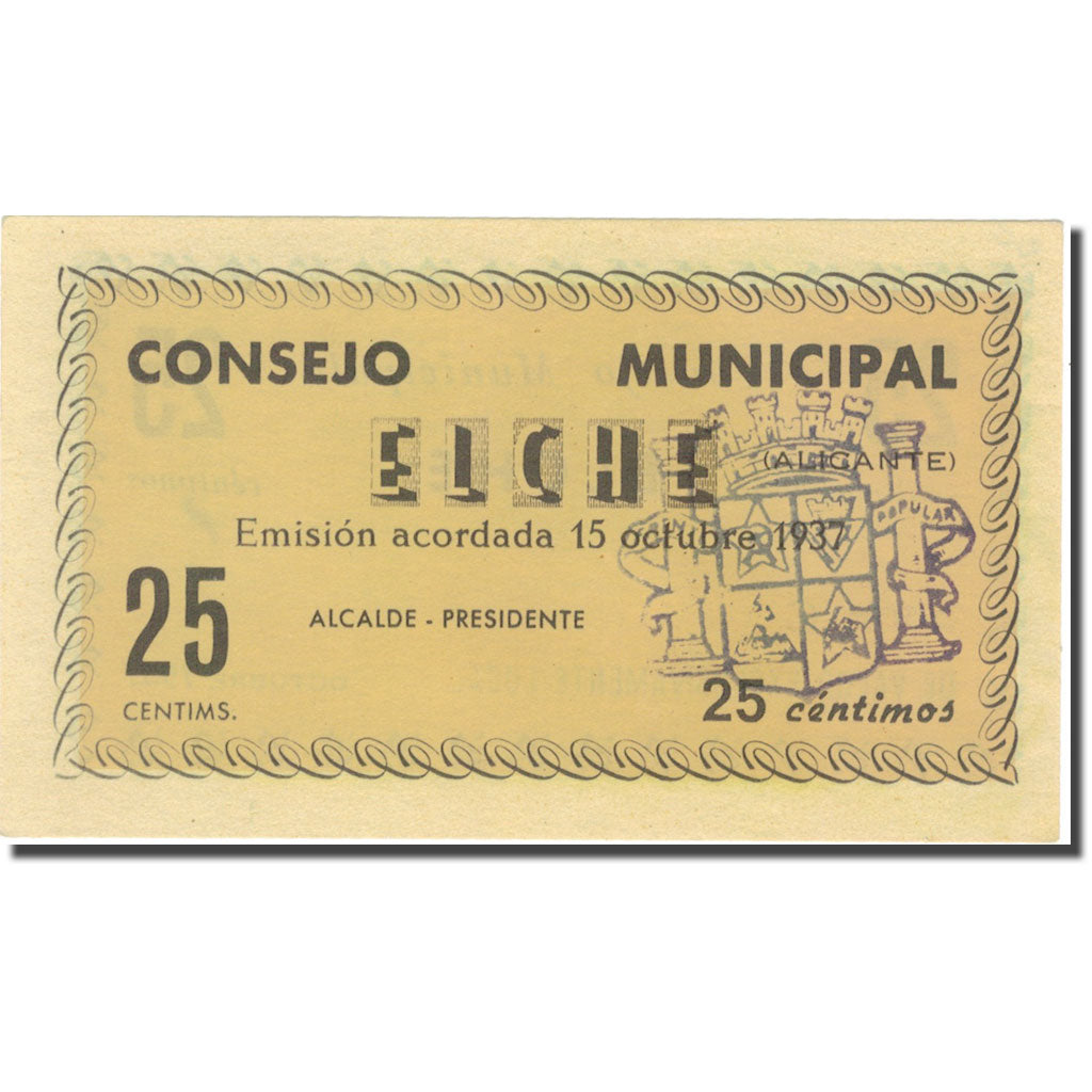Biljet, Spanje, 25 Centimos, Blason, 1937, 1937, NIEUW
