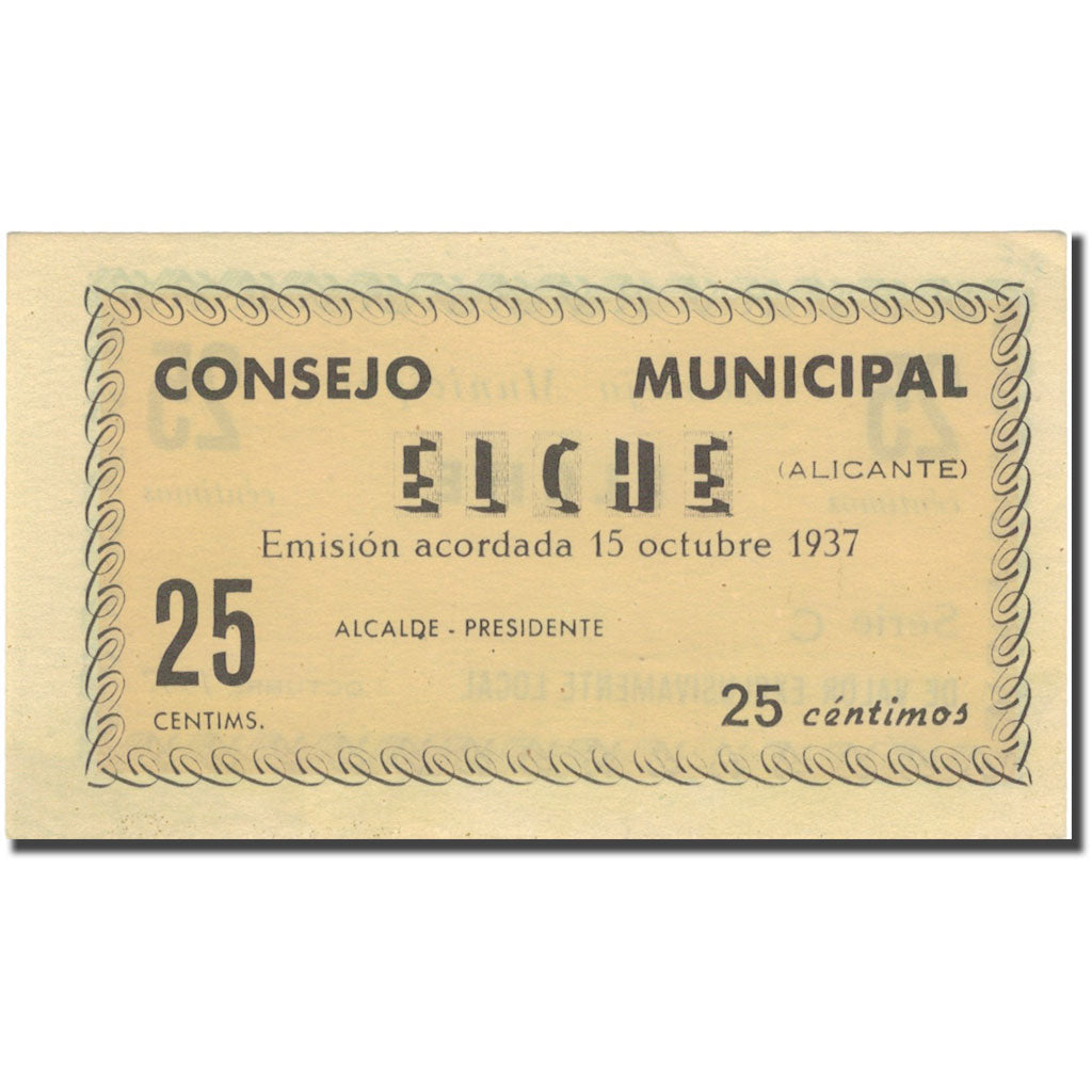 Banconote, Spagna, 25 Centimos, Blason, 1937, 1937, FDS