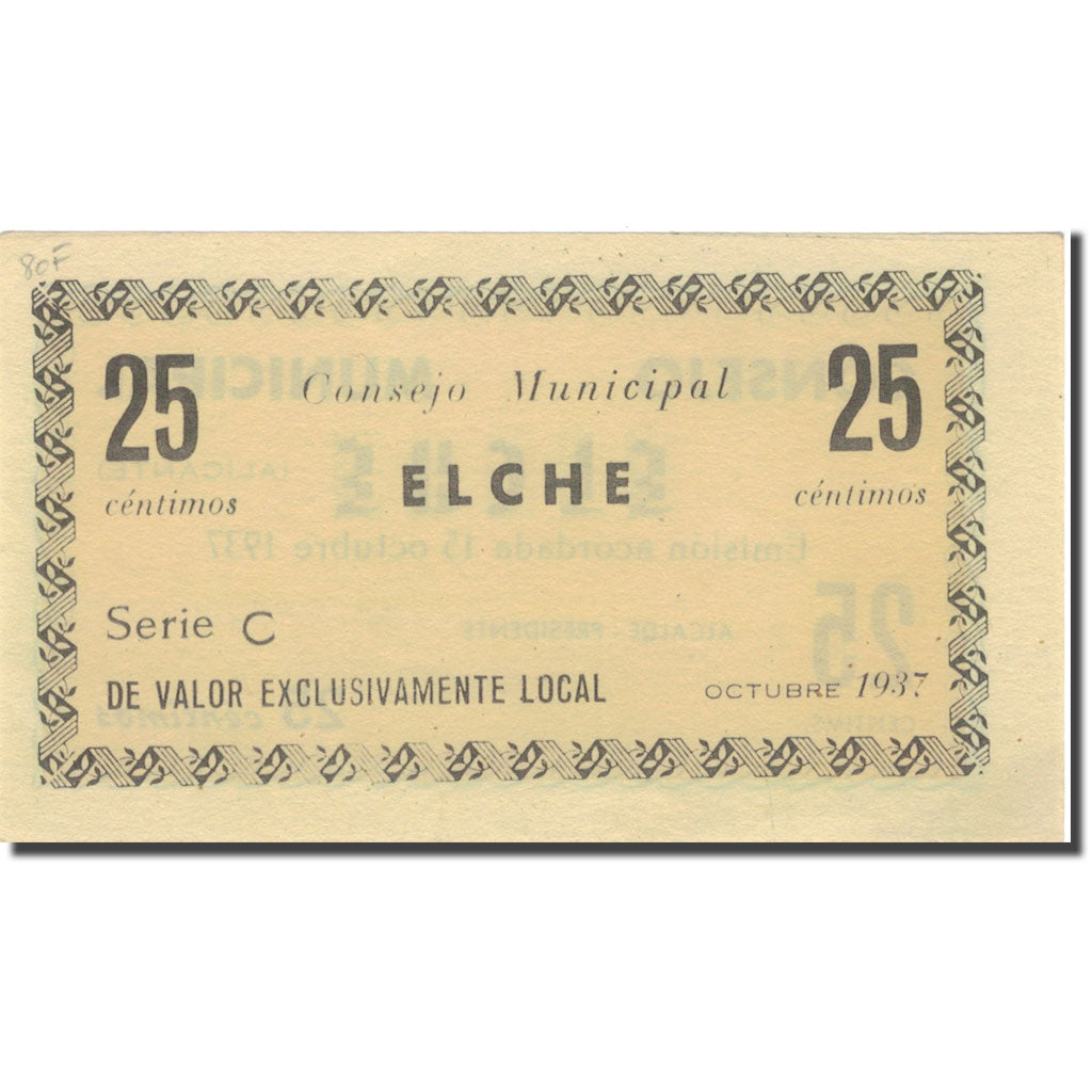 Banconote, Spagna, 25 Centimos, Blason, 1937, 1937, FDS