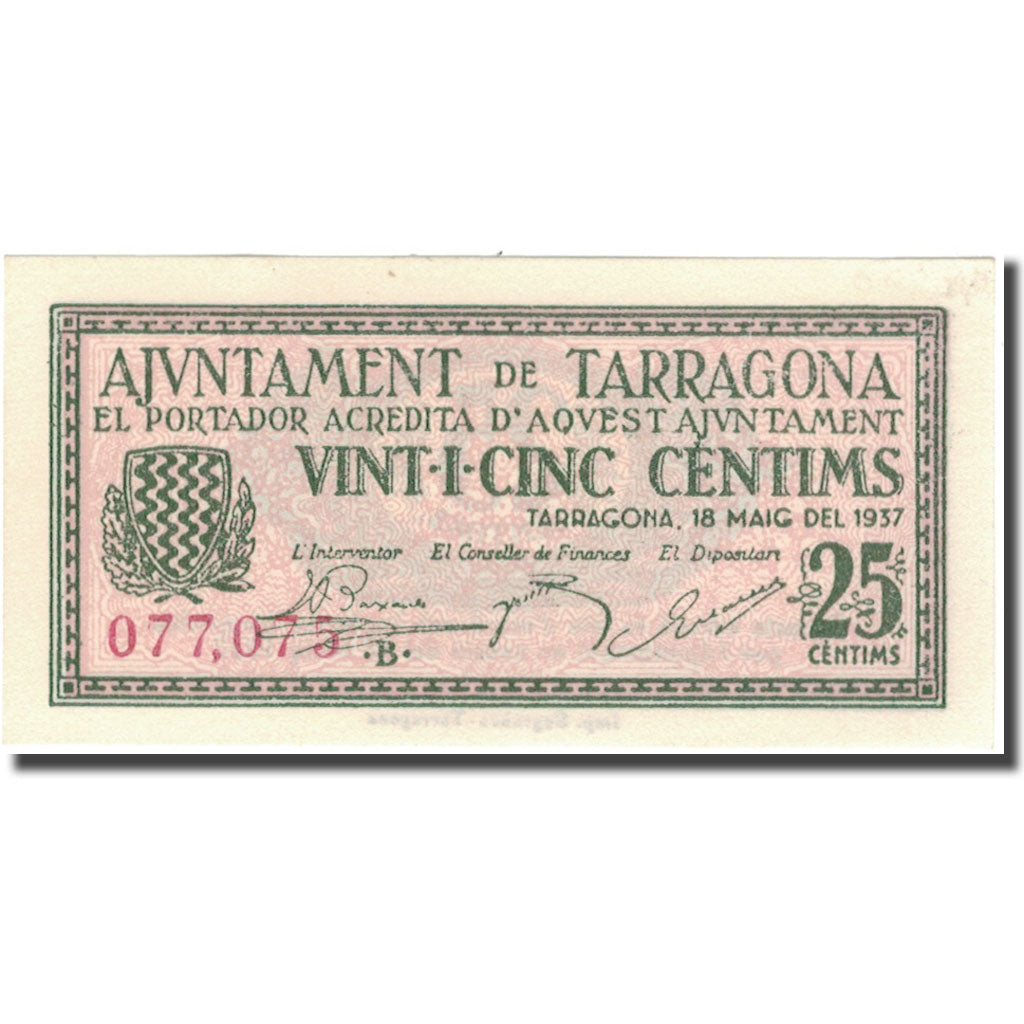 Billete, España, 25 Centimos, Blason, 1937, 1937, UNC
