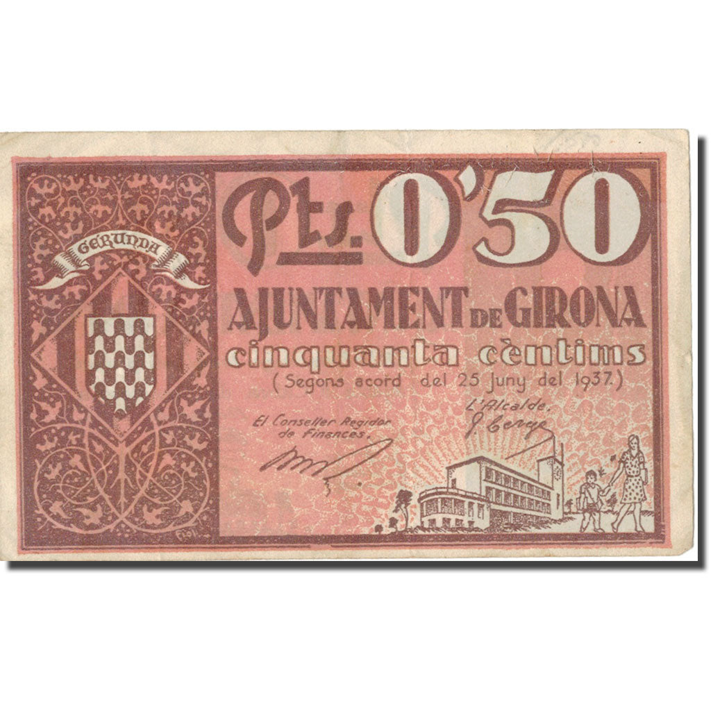 Banknote, Spain, GIRONA, 50 Centimos, Ville, 1937, 1937, EF(40-45)
