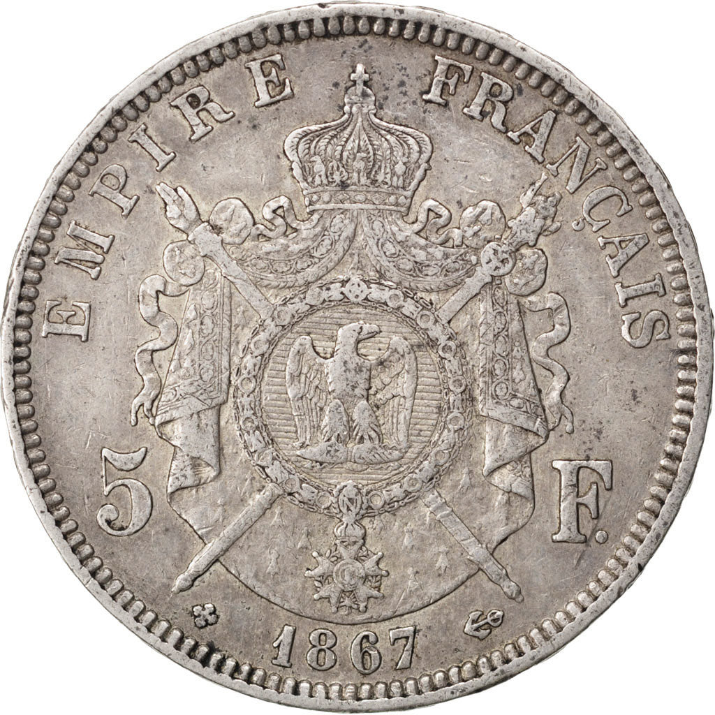 Francia, Napoleon III, Napoléon III, 5 Francs, 1867, Paris, BB, Argento, KM:...