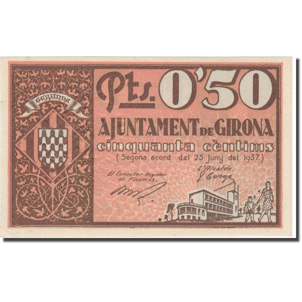 Banknote, Spain, GIRONA, 50 Centimos, Ville, 1937, 1937, UNC(63)