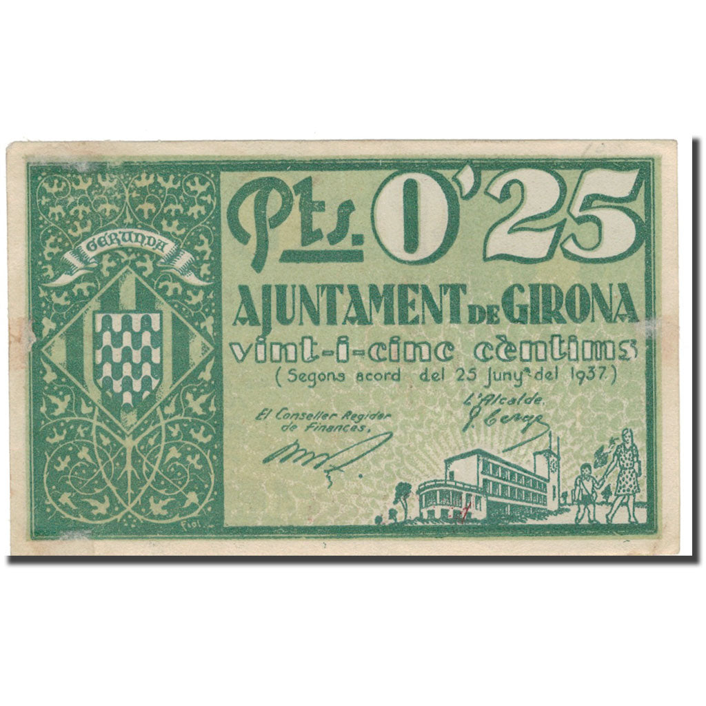 Banknote, Spain, GIRONA, 25 Centimos, Ville, 1937, 1937, VF(20-25)