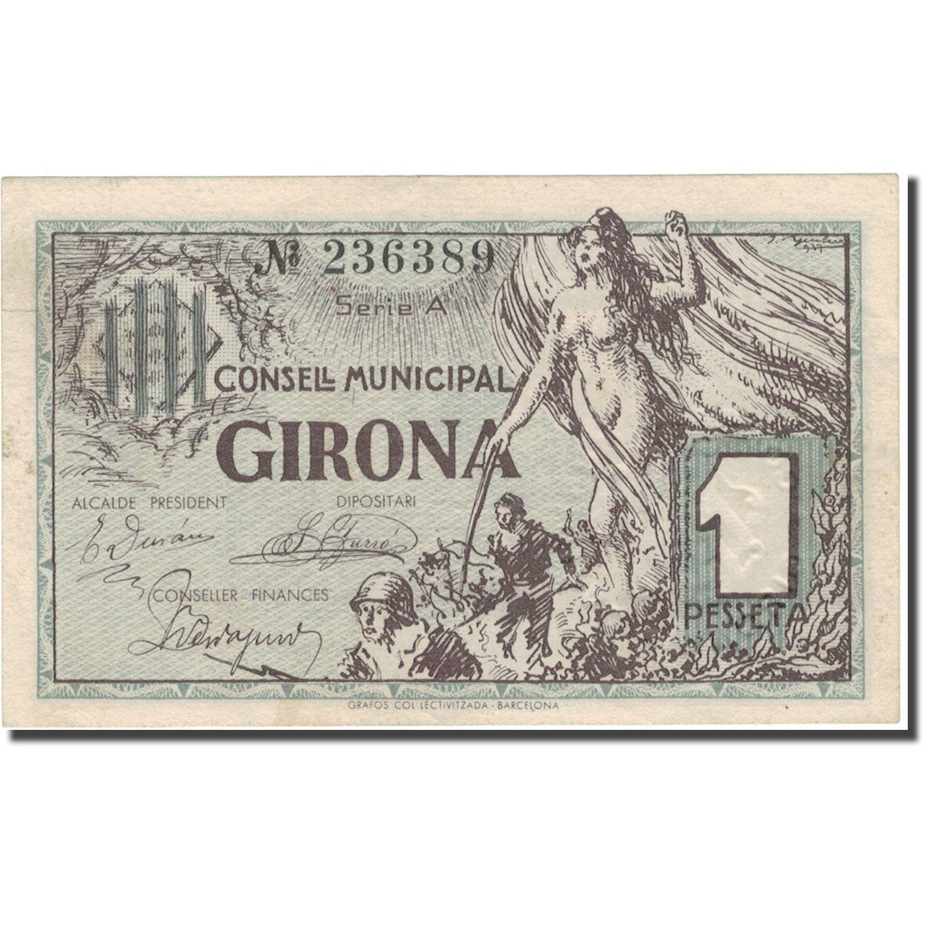 Banknote, Spain, GIRONA, 1 Peseta, personnage, 1937, 1937, EF(40-45)