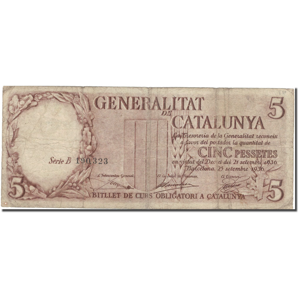 Nota, Espanha, 5 Pessetes, métier, 1936, 1936-09-25, KM:S592, VF(30-35)