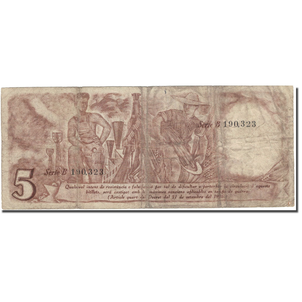 Nota, Espanha, 5 Pessetes, métier, 1936, 1936-09-25, KM:S592, VF(30-35)