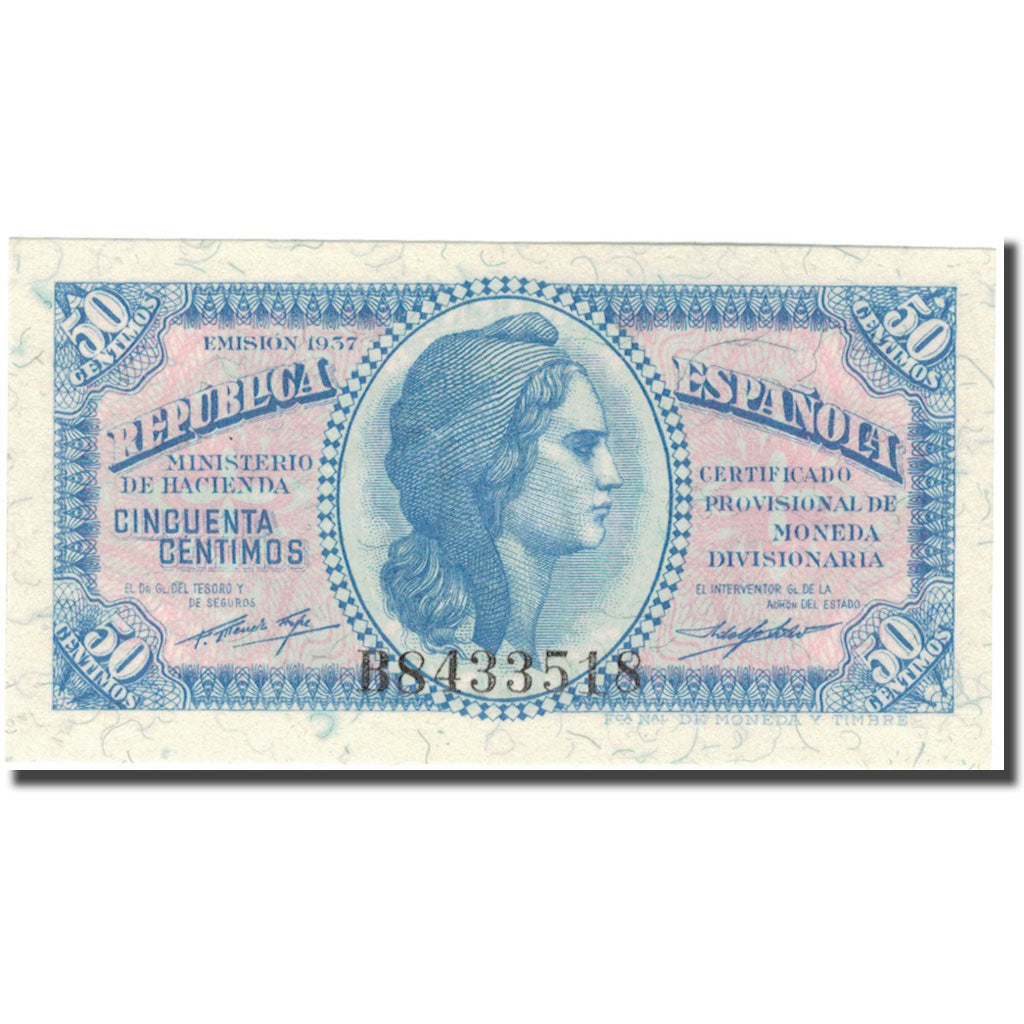 Nota, Espanha, 50 Centimos, personnage, 1937, 1937, KM:93, UNC(65-70)