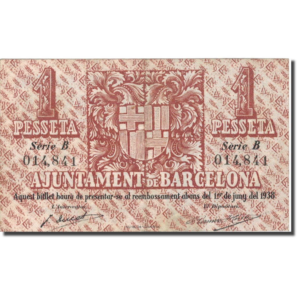 Banknote, Spain, BARCELONA, 1 Peseta, Blason, 1938, 1938, VF(30-35)