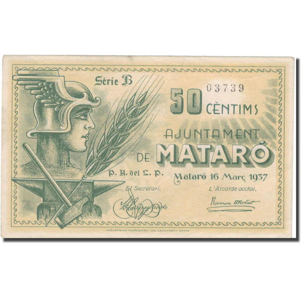 Banknote, Spain, MATARO, 50 Centimos, personnage, 1937, 1937, UNC(63)