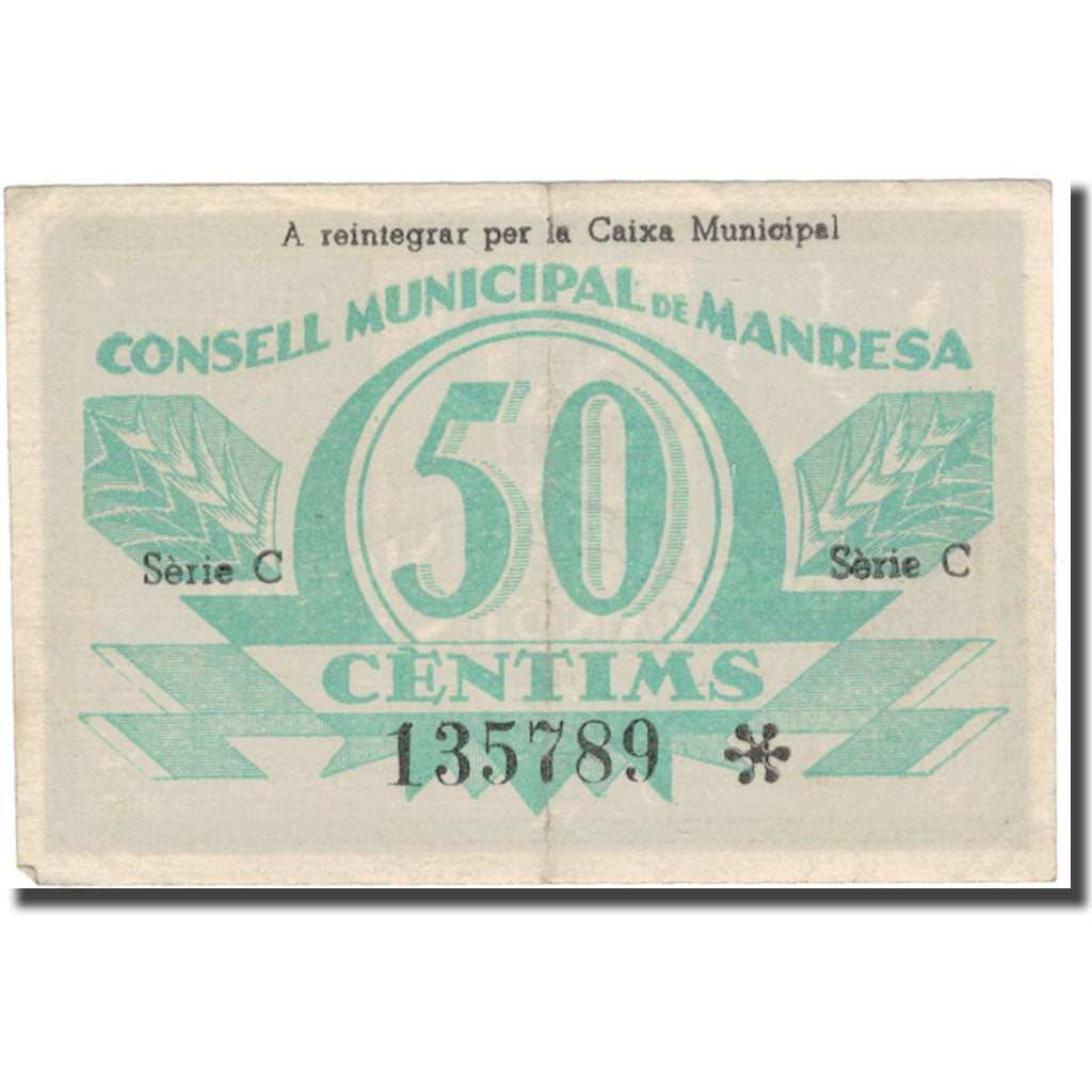 Banknote, Spain, MANRESA,  50 Centimes, valeur faciale, 1937, 1937, EF(40-45)