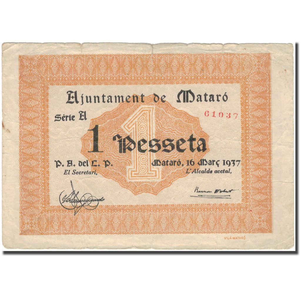 Nota, Espanha, 1 Peseta, valeur faciale, 1937, 1937, EF(40-45)