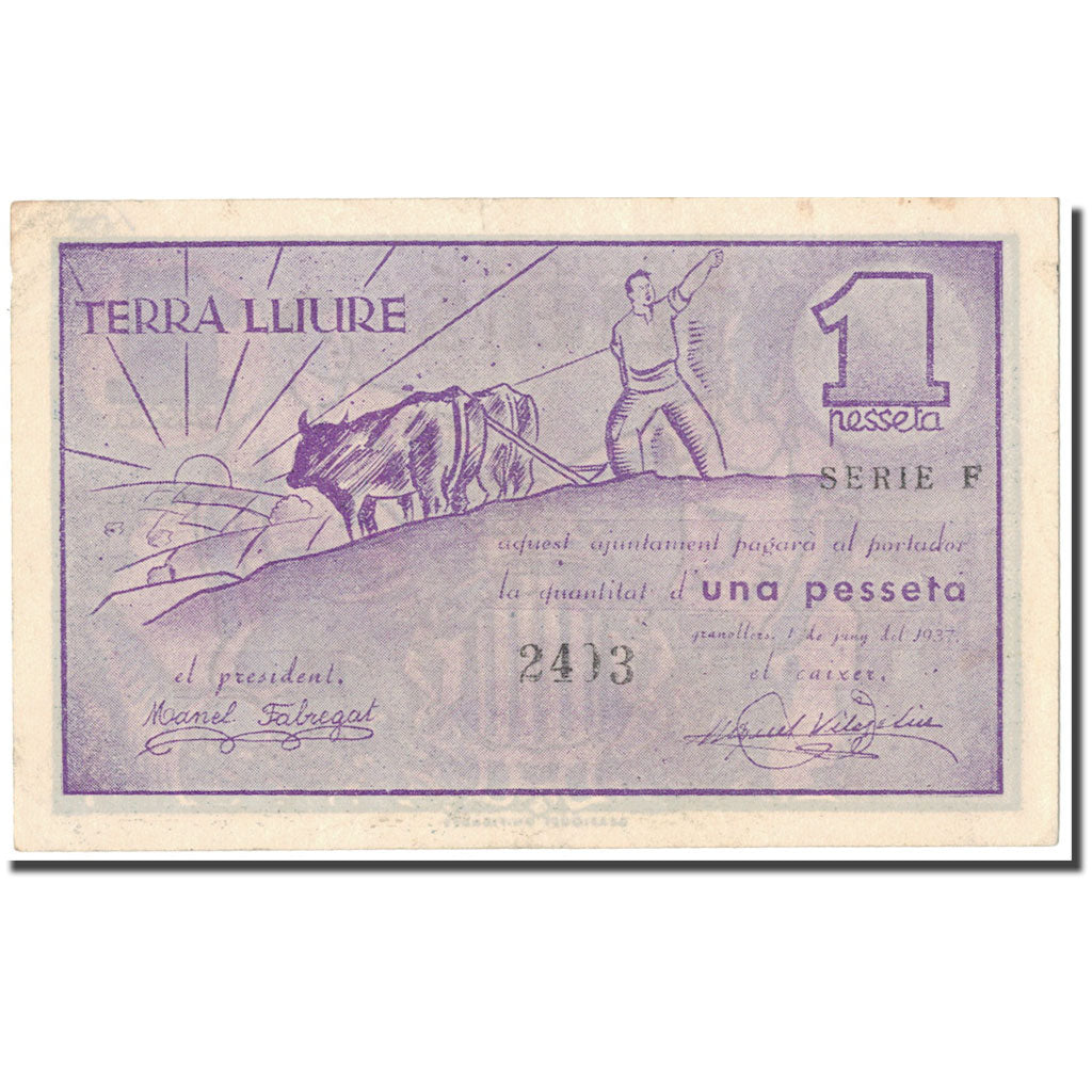 Banknote, Spain, GRANOLLERS, 1 Peseta, métier, 1937, 1937, UNC(63)