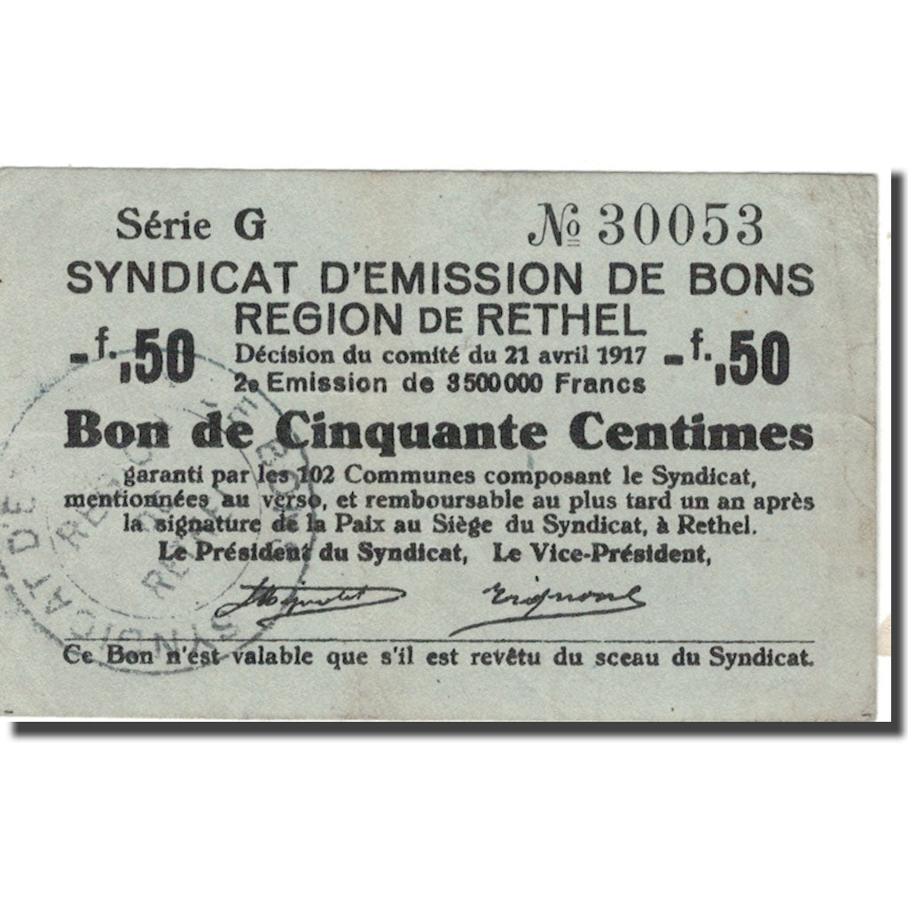 Frankrijk, Rethel, 50 Centimes, 1917, TTB, Pirot:08-173