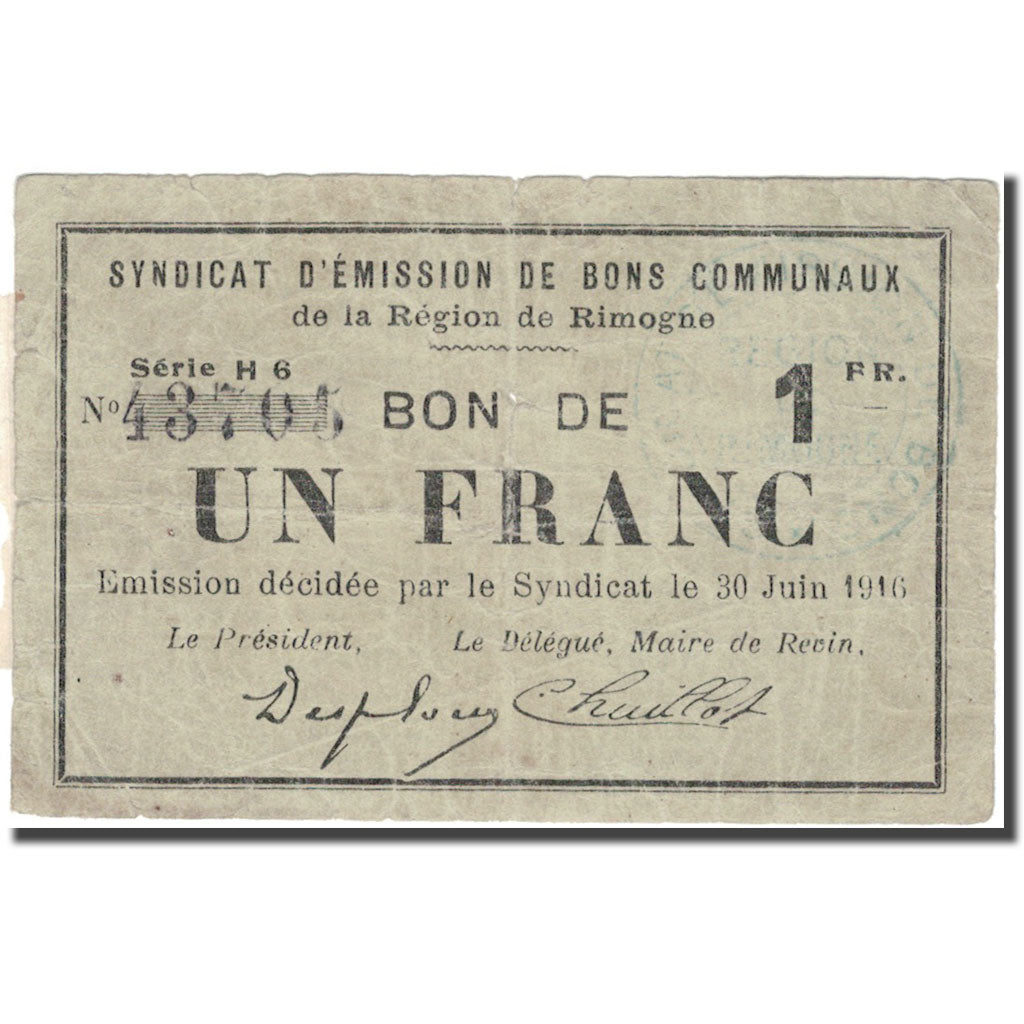France, Rimogne, 1 Franc, 1916, VF(20-25)