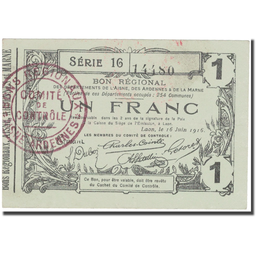 France, Laon, 1 Franc, 1916, AU(50-53), Pirot:02-1203