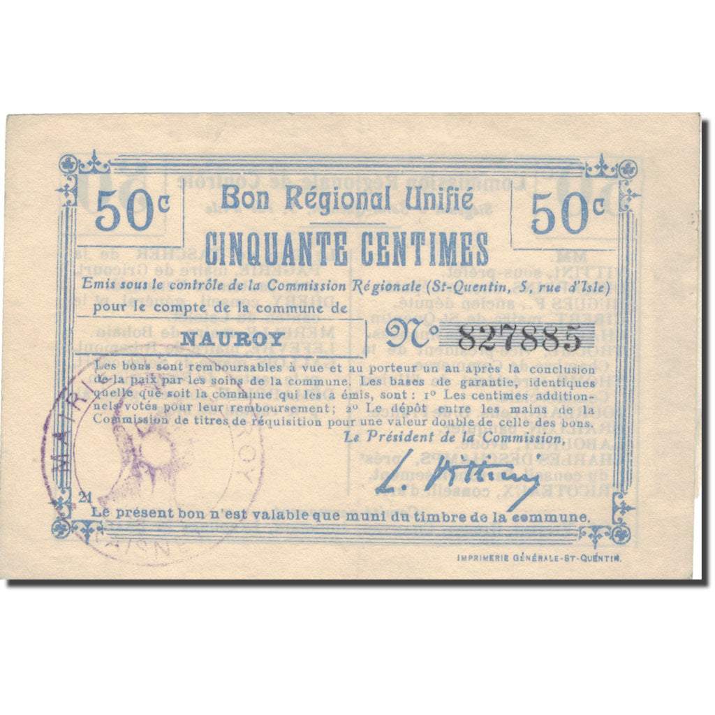 France, Saint-Quentin, 50 Centimes, AU(55-58), Pirot:02-1949