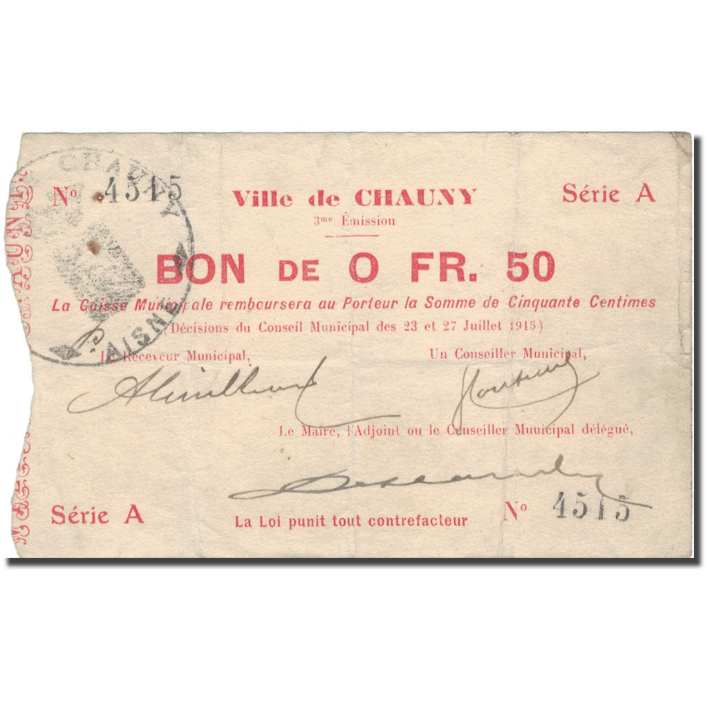 Francia, Chauny, 50 Centimes, 1915, BB, Pirot:02-479