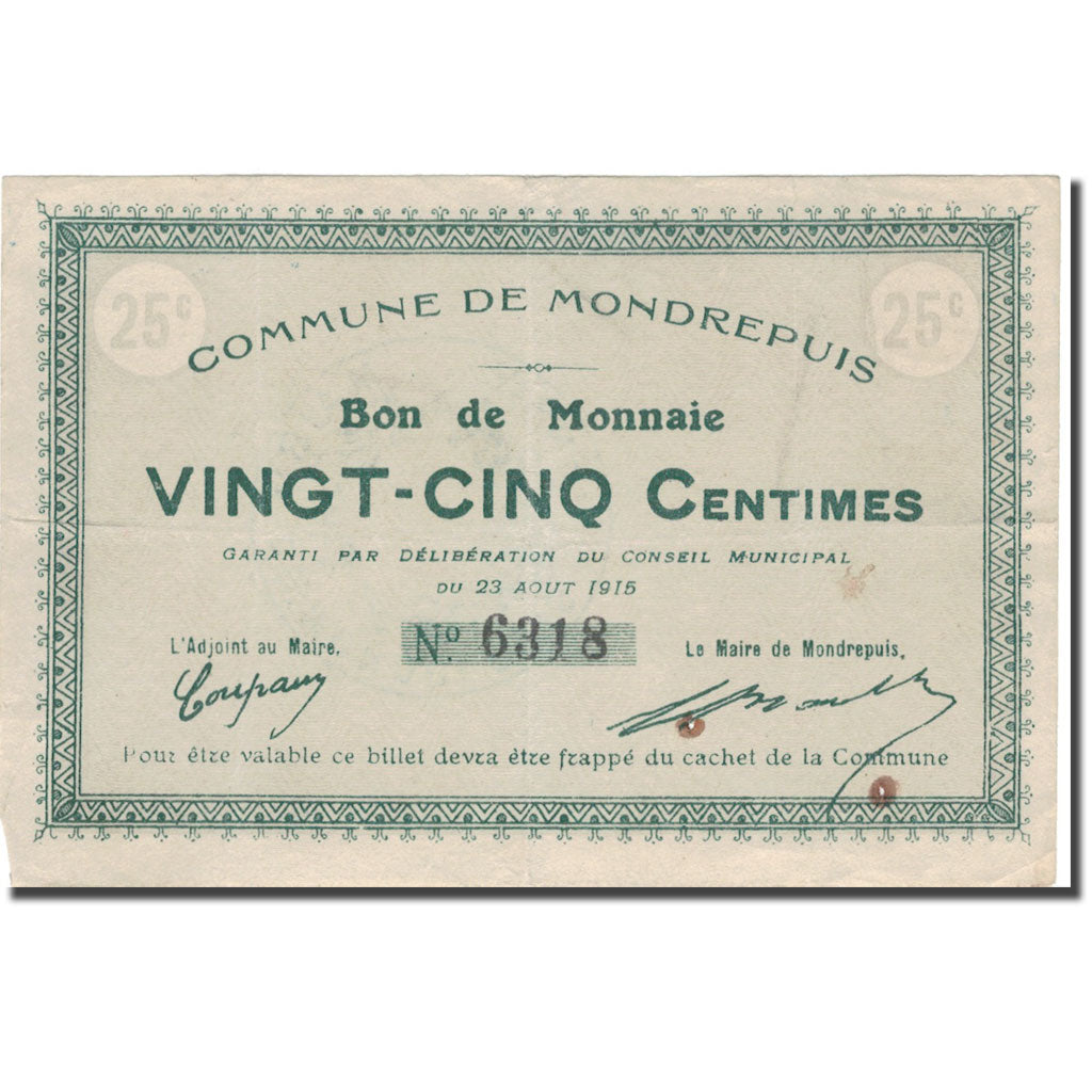 France, MONDREPUIS, 25 Centimes, 1915, AU(50-53), Pirot:02-1528