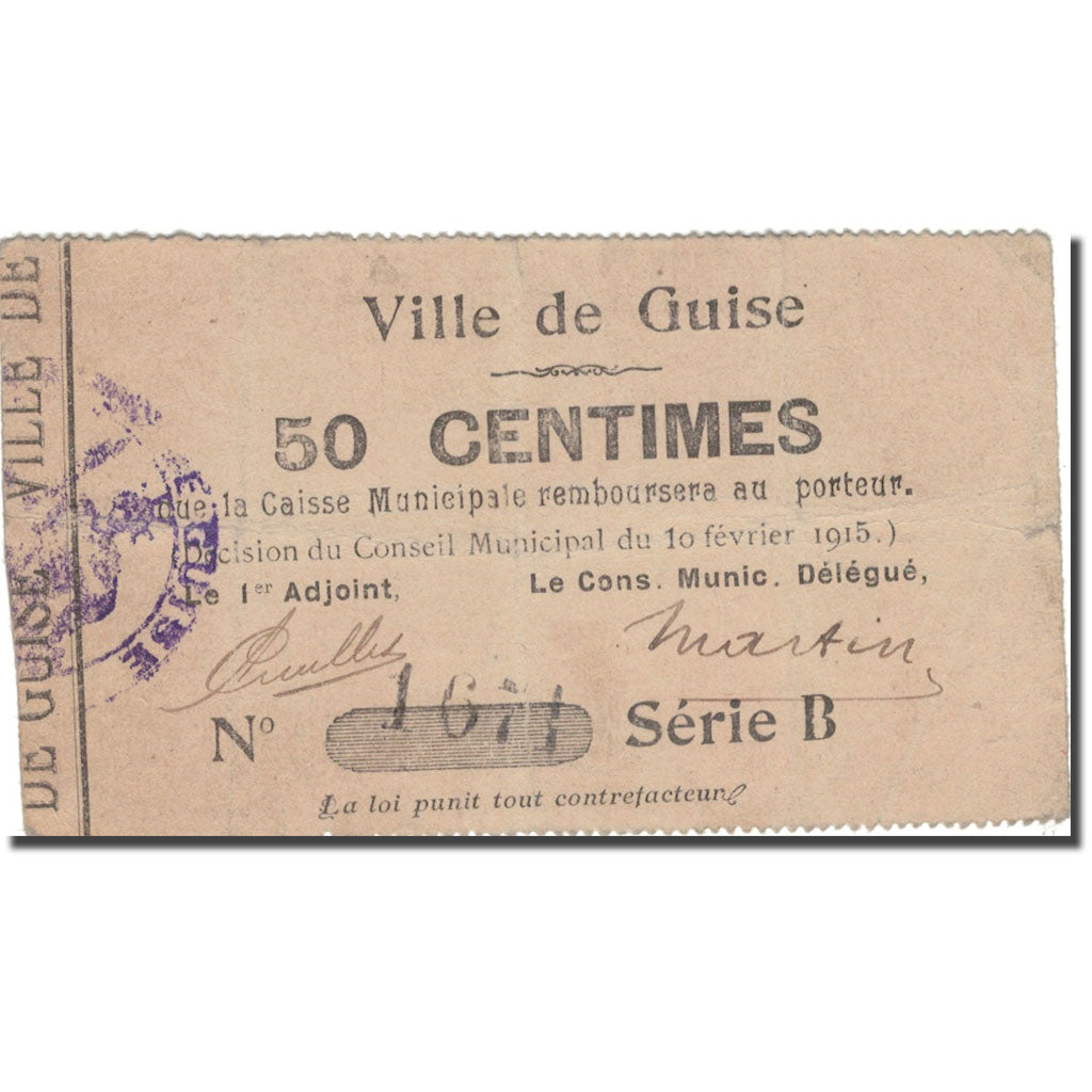 France, GUISE, 50 Centimes, 1915, EF(40-45), Pirot:02-1106