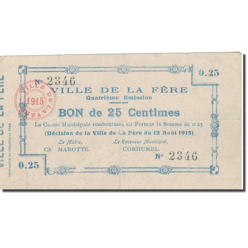 Francia, LA FÈRE, 25 Centimes, 1915, BB, Pirot:02-806