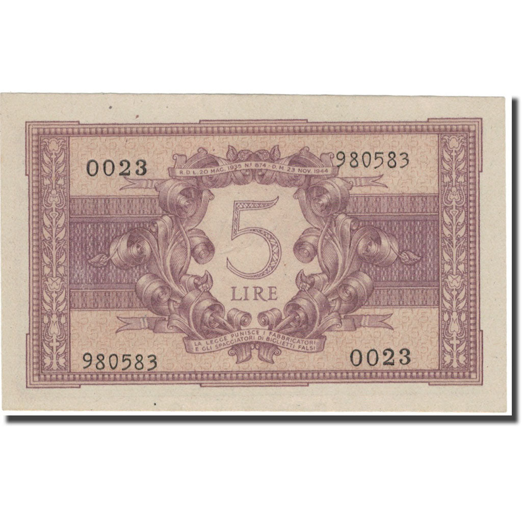 Banknote, Italy, 5 Lire, 1944, 1944-11-23, KM:31a, EF(40-45)