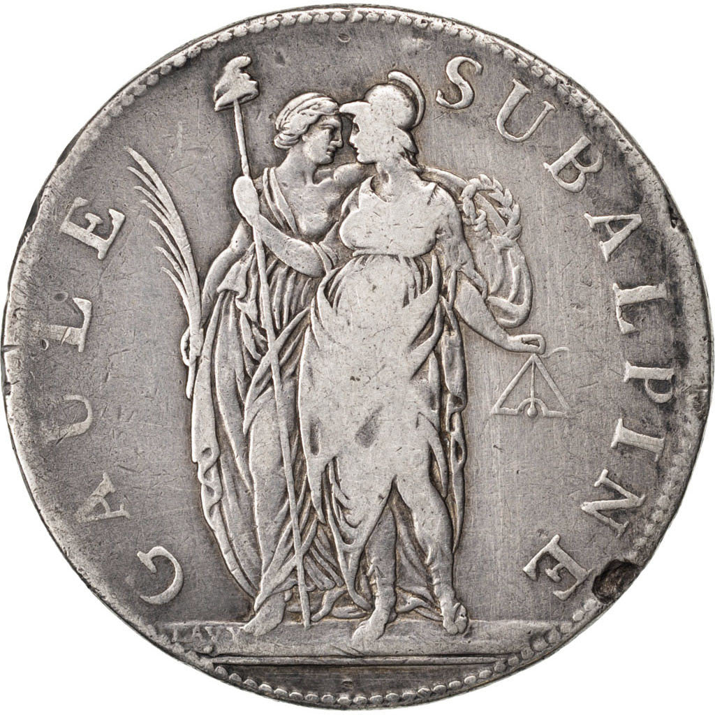 Coin, ITALIAN STATES, PIEDMONT REPUBLIC, 5 Francs, 1801, VF(20-25), Silver, KM:4