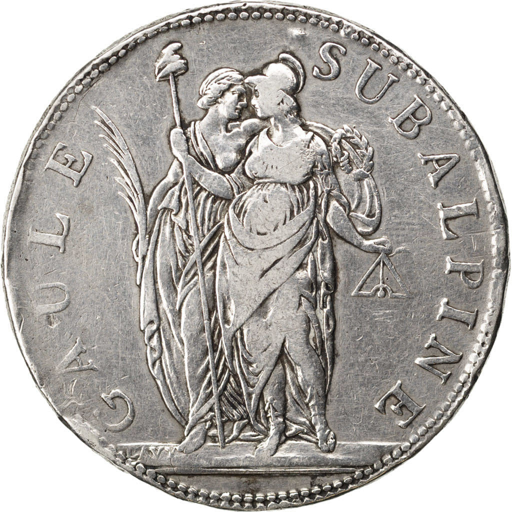 Coin, ITALIAN STATES, PIEDMONT REPUBLIC, 5 Francs, 1801, VF(30-35), Silver, KM:4
