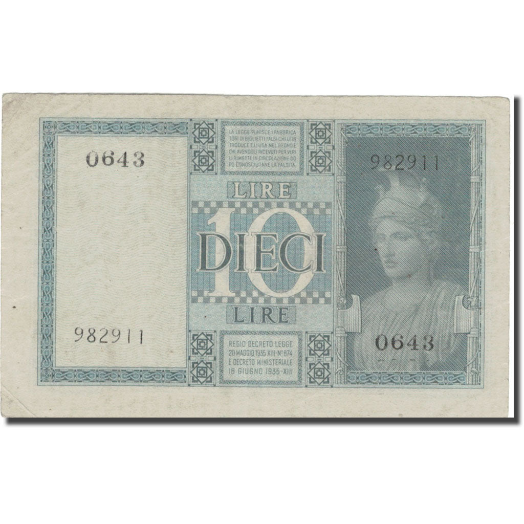 Banknote, Italy, 10 Lire, 1939, 1939, KM:25a, VF(20-25)