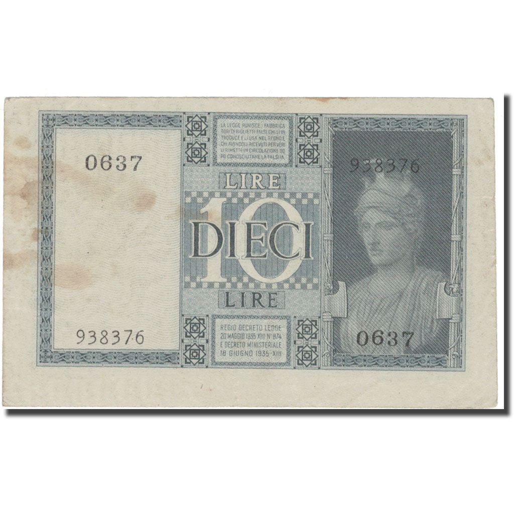 Banknote, Italy, 10 Lire, 1939, 1939, KM:25a, VF(20-25)